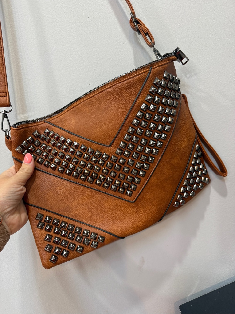 Studded Brown Leather Crossbody Bag